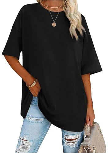 Demegimi T Shirt Femme Été Col V Manches Courtes Oversize Haut Femme Top Femme Confortable Quotidien S-XXL