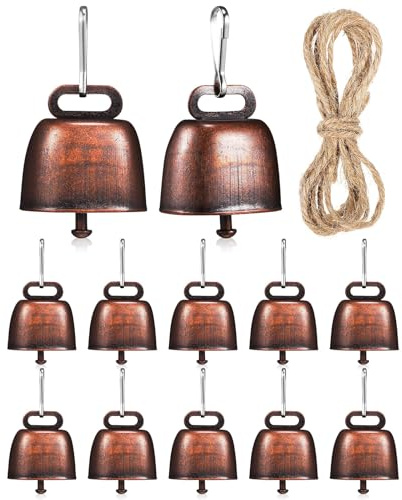 LIFKICH Set da 12 Mini Campanacci in Metallo Galvanizzato Fibbie e Corda di Canapa da 2m, Campanello Rustico per Mucche, Cavalli e Pecore da Fattoria, Suono Forte per Localizzazione