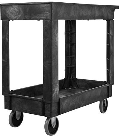 Rubbermaid Commercial Products 2-Shelf Service/Utility Cart with Wheels, 300-Pound Capacity, Black, Lipped Shelves with Handle, Use in School/Restaurant/Warehouse/Manufacturing