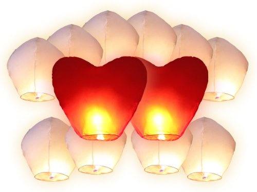 12 PZ Lanterne cinesi volanti (10 PZ lanterne bianchi + 2 PZ lanterne cuori rossi giganti) Lanterna Cinese Volante del cielo regalo di compleanno matrimonio San Valentino romantico serata romantica uomo donna sorpresa per bambino bambini festa spettacolo all'aperto in carta di riso non infiammabile