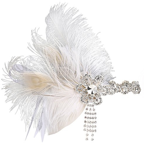 BABEYOND Women's Peacock Feather Headband 1920s Flapper Headpiece Vintage Headband with Crystal Great Gatsby Accessories for Pageant Themed Party Wedding White(Size: One Size)