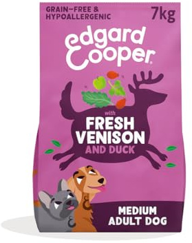 Edgard & Cooper Grain Free Dry Dog Food For Medium Breed Adult Dogs (7kg), Fresh Venison & Duck, Balanced Fibre For Gut Health, Hypoallergenic Recipe With Natural Ingredients, Never Meat Meal