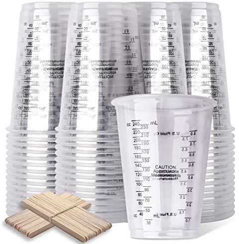 LET'S RESIN Epoxy Resin Mixing Cups, 50pcs 240ml/8oz Disposable Measuring Cups with 50pcs Wooden Stirring Sticks, Plastic Measuring Cups for Liquids, Mixing Resin, Paint, Pigment