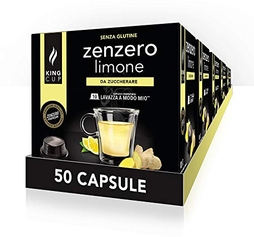 King Cup - 5 Confezioni da 10 Capsule di Zenzero e Limone da Zuccherare, 50 Capsule Compatibili con Sistema Lavazza a Modo Mio di Bevanda al Gusto di Limone e Zenzero, Senza Glutine, Senza Lattosio