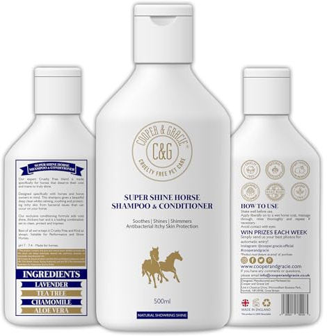 C&G Pets, shampoo e balsamo super Shine per cavalli, 500 ml, antibatterico, protegge la pelle dal prurito, aiuta il cappotto lenisce la lucentezza senza crudeltà e calma pulisce, protegge e impression