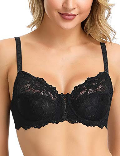 Wingslove Damen BH aus floraler Spitze Lace BH Bügel BH Ungepolstert Soft Cup Vollschalen(Schwarz 34B)