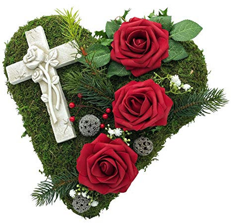Grabgesteck Grabschmuck Grabaufleger Moosherz Grabherz Trauerherz Grab Herz Gesteck Rosen mit Kreuz (Rosen Rot)