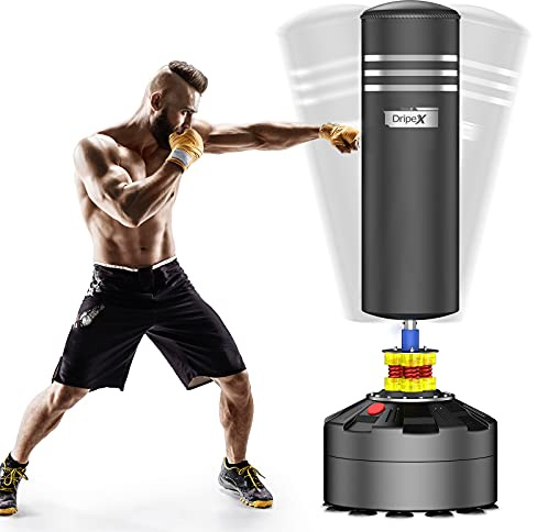 Dripex Sacco Boxe da Terra, 175cm Autoportante MMA con Base a 12 Potenti Ventose, Riempibile Sabbia 80 kg/Acqua 60 kg (Base e Sacco Due Pacchi)