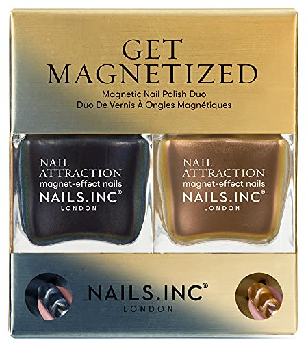 Nails Inc Nail Attraction Get Magnetized Nail Polish Duo, Cat Eyes For Nail Art, Glitter, Black & Gold Shimmer Shades, Long Lasting, Quick Drying, Vegan, 2 Piece Set