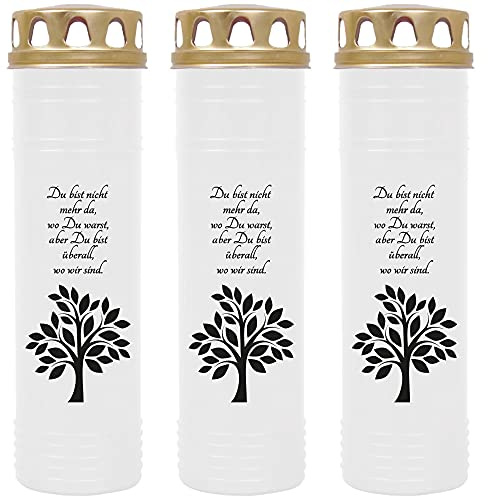 HS Candle Grabkerze Grablicht - 3er Pack - mit Motiv (Baum Schwarz) - ca 170h / 7 Tage Brenndauer je Kerze (26cm, Ø 7cm) - viele versch. Designs
