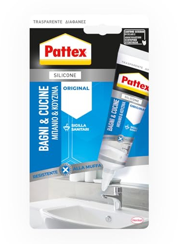 Pattex Bagni&Cucine Original Silicone Trasparente Sigillante, Silicone Cucina e bagno multimateriale e impermeabile, Sigillante Doccia per sanitari, 1 Tubo da 50 ml