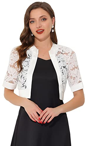 Allegra K Bolero de Encaje con Hombros Descubiertos para Mujer, cárdigan Corto con Parte Delantera Abierta y Panel de satén Blanco XS