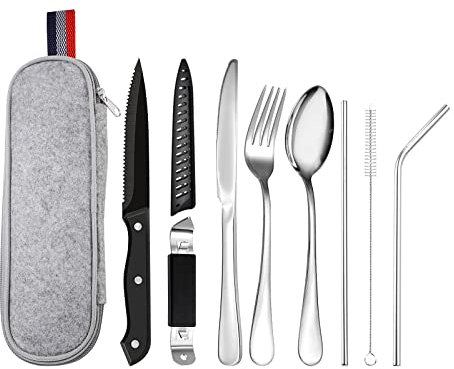 Set di posate da campeggio da 9 pezzi con borsa portaposate, in acciaio inox, con bistecca, coltello, forchetta, cannucce, apribottiglie e spazzola per la pulizia, lavabile in lavastoviglie