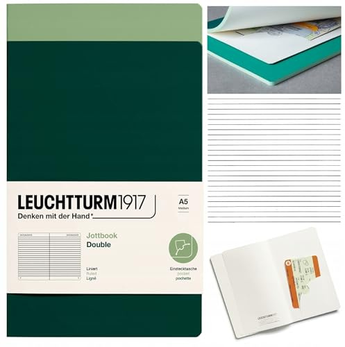 LEUCHTTURM1917 368182 Jottbook (A5), 59 Numbered Pages, Ruled, Sage and Forest Green, Pack of 2