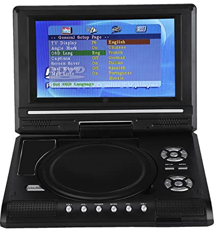 Lettore DVD Portatile da 7 Pollici con Schermo Girevole, Batteria Ricaricabile, Caricabatteria per Auto, Gamepad, Supporta più Formati e Funzione TV (Spina UE)