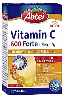 Abtei Vitamin C 600 Forte mit Zink und Vitamin D3 - für Abwehrkräfte und Zellschutz - hochdosiert, glutenfrei, laktosefrei, laborgeprüft - 42 Tabletten