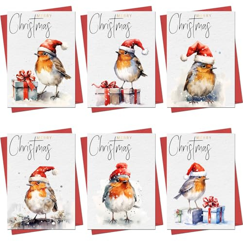 Christmas Cards Boxed Christmas Cards Pack of 30 Multipack Thick Xmas Cards Beautiful Robin Designs For Friends Family With Red Envelopes