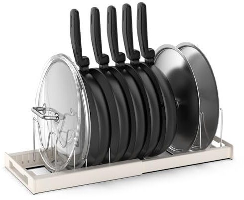 Anhow Topfdeckelhalter, Pfannenhalter Erweiterbar Topfregal für Schublade Pfannen Organizer mit 7 Verstellbaren Teiler für Topfdeckel und Pfannen - Beige