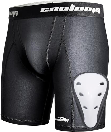 COOLOMG Tiefschutz Kinder Boxershorts Sport Funktionsunterwäsche Suspensorium mit Cup Jungen Kompressionsshorts Neu Schwarz L