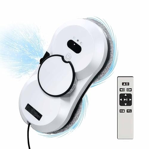 Robot Nettoyeur de Vitre, Robot Laveur de Vitre Automatique avec Pulvérisation d'eau, Corde de sécurité, télécommande et 10 Chiffons de Nettoyage, 5600PA, pour Toutes Les Surfaces Lisses (A)