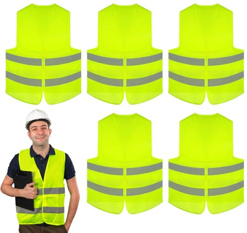 BEASAFY 5 Stück Warnwesten Auto, KFZ Warnweste Pannenweste Reflektorweste Auto, Sicherheitswesten Set, Sicherheitsweste Auto, Warnweste Gelb Auto Motorrad, Warnwesten für Autos, BAU, Fahrer, Arbeiter