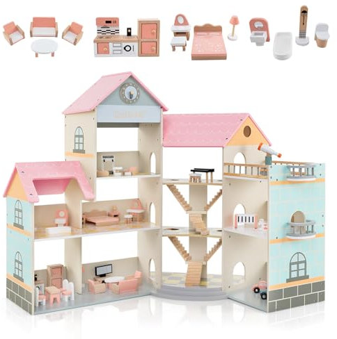 HOMASIS Casa de muñecas de Madera, Juego de casa de ensueño con Muebles y Accesorios, Villa de muñecas con 6 Habitaciones, casa de muñecas de para niñas a Partir de 3 años (Modelo 2)