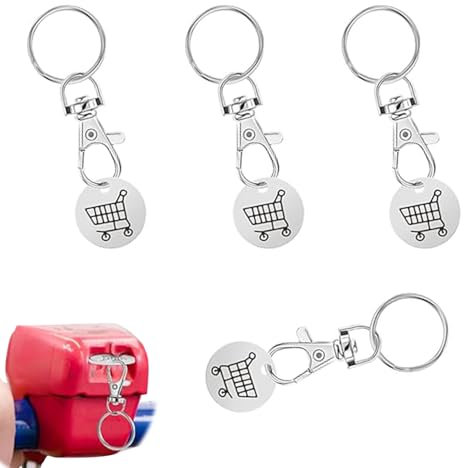 Fizzix 4-Pack Metal Shopping Cart Coin Keychains, White Trolley Token Keyrings for Convenient Grocery Shopping