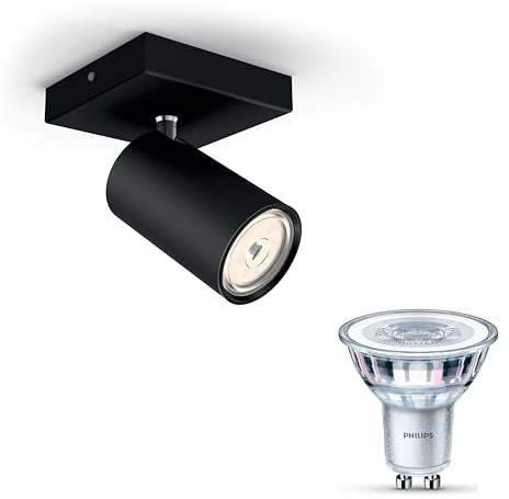 Philips Kosipo Lampada faretti da soffitto (Nero) - Luce bianca calda - Applique da parete/soffitto 1 punto luce - GU10 - Non dimmerabile