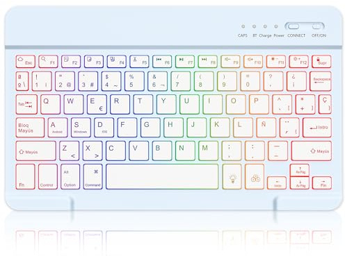 MMK Teclado inalámbrico Bluetooth, Teclas Silenciosas, Mini Teclado Inalámbrico, para iOS Compatible con el Nuevo iPad 10.2/10.9 Pulgadas, iPad Air/Pro/Mini, iPhone y más, QWERTY(Azul)