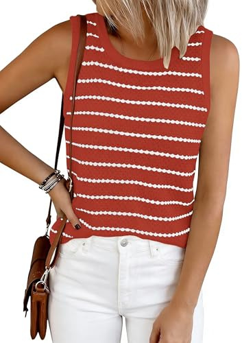 NALANISA Women's Trendy Tank Tops 2026 Crochet Summer Spring Striped Sweater Vest Casual Loose Sleeveless Knit Shirts Clothes (Striped Rust White,S)