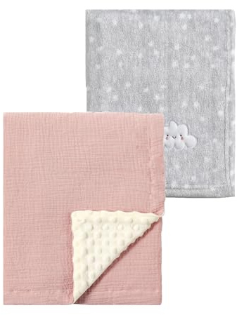 Crevent 2 stycken 75x100 cm mysiga mjuka varma babyfiltar för spädbarn och småbarn, barnsäng, barnvagn - Grå moln + muslin rosa