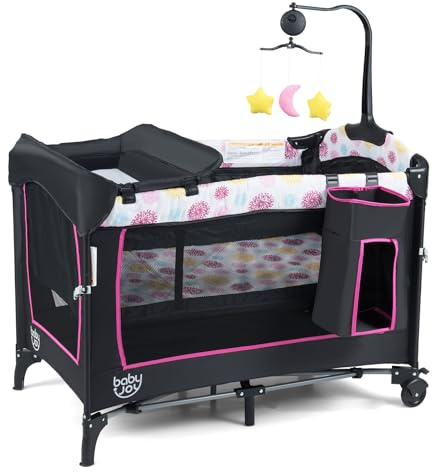 BABY JOY 4 in 1 Pink Pack and Play, Baby Bedside Sleeper with 3 Adjustable Heights, Music Box, Foldable Bedside Crib w/Changing Table, Baby Playards with Bassinet from Newborn to Toddlers Rose