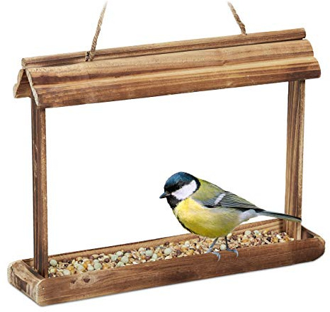 Relaxdays Mangiatoie per Uccelli, Casette in Legno Dispenser di Mangime da Esterno, Decorazione da Giardino, Marrone