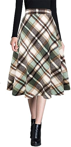 Ylingjun Jupes mi-Longues en Laine Chaude pour Femme, Taille Haute élastique, Coupe trapèze, Jupe évasée en Laine, Vert 02., Taille XL
