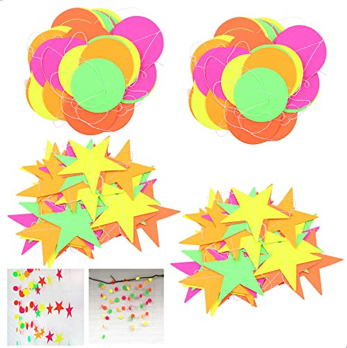 Neon Papiergirlande Leuchtend Party Zubehör - Glühen hängende Girlande Stern und Runde Papierbögen Banner Hängende Dekorationen für Geburtstag Hochzeit Party Supplies, 4 m, 4 Stück