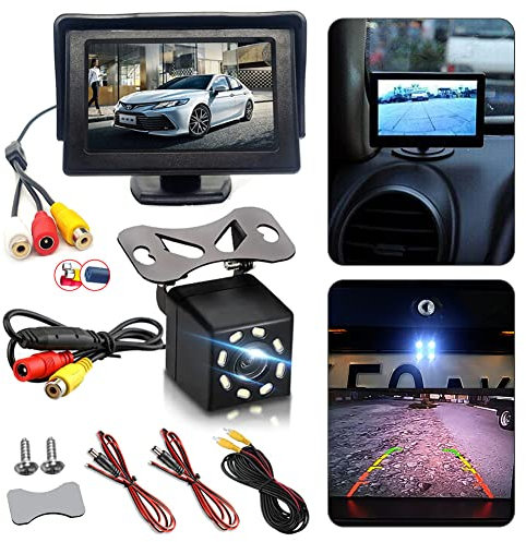 Bostar 4.3 Kit de Cámara Marcha Atrás para Coche Kit de Monitor con 9 LED y Monitor TFT LCD Cámara de Visión Trasera Impermeable para Automóvil Coche Camión