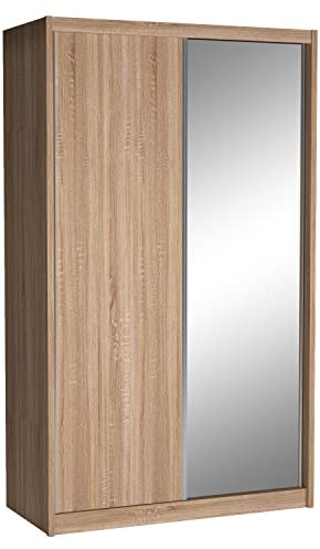 Cool24 Karol Kleiderschränke - Modern Schwebetürenschrank - Kleiderschrank mit Spiegel und Kleiderstange - Schlafzimmerschrank 140 cm mit 7 Regale - Kleiderschrank Almond - Schrank Schlafzimmer