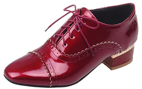 Diuniarza Damen Oxford mit Blockabsatz Square Toe Komfort-Pump Schnüren Brogue-Schuhe mit Mittlerem Absatz, 4486Ydq Rotwein Gr 39 EU
