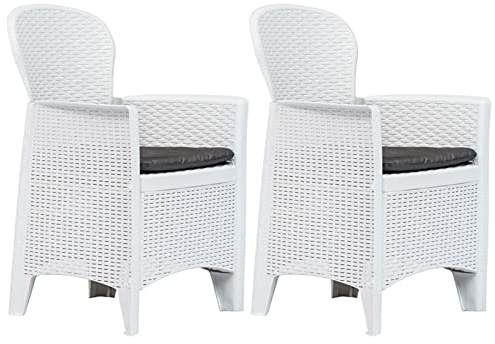 Keketa Patio Chairs, Outdoor Dining Chairs Bistro Furniture for Outdoor Garden Yard Deck Lawn 2 pcs with Cushion White Plastic Rattan Look