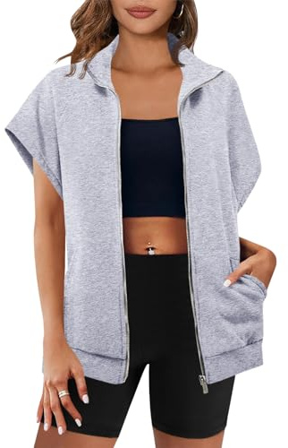 Fisoew Women's Zip Up Sweatshirts Sleeveless Oversized Casual Solid Color Sweatshirt with pockets Grey