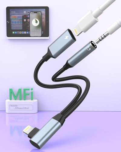 【Apple MFi Certified】 2-IN-1 iPhone Lightning to 3.5mm Headphone Jack and Lightning Adapter, Right Angle Headphone Converter Splitter Compatible with iPhone 14/13/12/11/SE/X/8 Music+Charging+HiFi