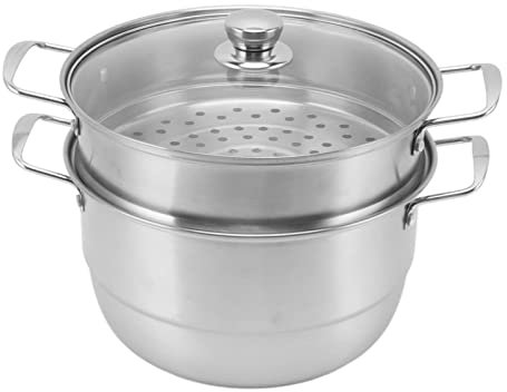 Pentole Vaporiera in Acciaio Inossidabile, 28 cm Pentola a Vapore Multistrato di Grande Capacità con Coperchio in Vetro per Cucinare Zuppe e Stufati di Pesce(Tre strati)
