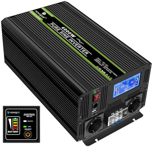 NOVOPAL Pur Sinus 4000W omvandlare - växelriktare 12 V, 220 V, 230 V, med fjärrkontroll och dubbla AC-uttag och LCD-skärm, för bil, husvagn, båt, camping, resor