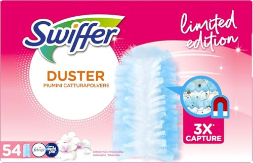 Swiffer Pink Duster Piumini Catturapolvere, 54 Piumini, Cattura e Intrappola Polvere e Sporco, Raggiunge i Punti Più Difficili della Casa, Piumini con 45% di Fibre Riciclate