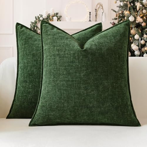 Sungeek 2er Set Chenille Kissenbezüge, Weich Dekorativ Zierkissenbezüge Umwickelte Kante Kissenbezug Dekokissen Deko Bezug Einfarbig Kissenhülle für Sofa Schlafzimmer Wohnzimmer (50x50cm, Grün)