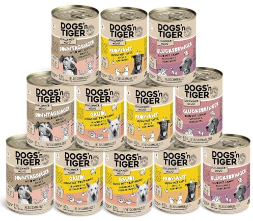 Dogs'n Tiger Nourriture humide pour chien adulte, sans céréales, paquet gourmand, sans sucre ajouté ni conservateurs artificiels, tolérance optimale, gibier, poulet, canard, agneau et bœuf, 12 x 400 g