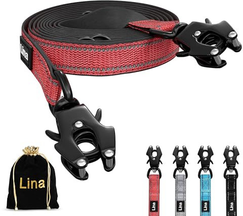 LINA HUNDELEINE – 3m - Verstellbare Doppelleine mit Neopren-Polsterung – rostfreier Frosch-Karabiner 175kg belastbar – Reflektoren – mittelgroße bis große Hunde – mit Aufbewahrungstasche – (Rot)