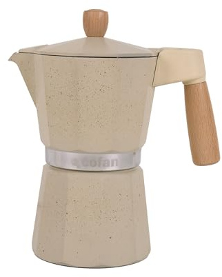 Cofan Cafetera italiana inducción | Capacidad: 6 tazas | Material: cuerpo de aluminio | Apta para todo tipo de fuegos | Color: beige, verde o negra | Mango y tirador de madera (1, Beige)