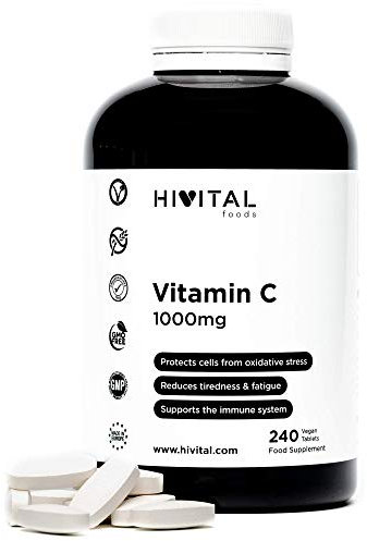 Vitamina C 1000 mg. 240 compresse per 8 mesi di trattamento. Vitamina C pura composta al 97% da Acido Ascorbico. Adatto ai vegani. Prodotto in Europa da HIVITAL