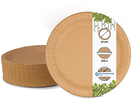 BIOZOYG Piatti Monouso 23 cm Ø I Piatti di Carta Marrone Rotondi I Piatti Usa e Getta Robusti I Stoviglie Riciclabili Piatti Ecologici Biodegradabili I Stoviglie Usa e Getta Piatti 500 pezzi
